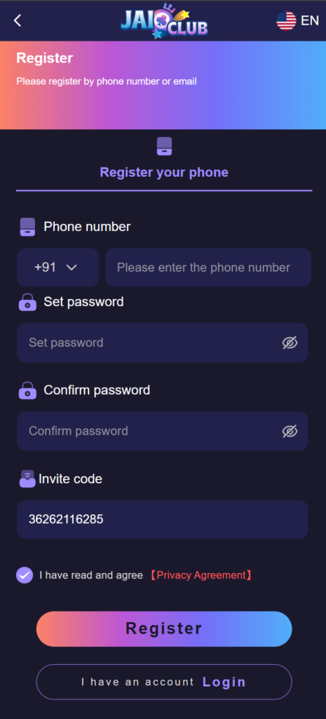 Jai Club register form with mobile number, password and invite code fields