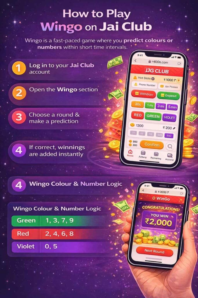 Jai Club lottery Wingo game screen with colour and number picks
